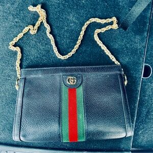 Gucci Black and Red Crossbody Bag with Gold Chain